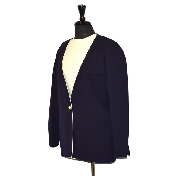 B0 BURBERRYS Navy Wool White Trim Single Button Collarless Jacket Blazer Size L - Picture 2 of 7